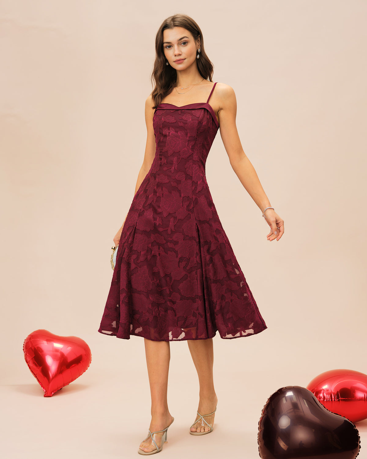 Wine Red Sweetheart Neck Jacquard Slip Midi Dress & Reviews