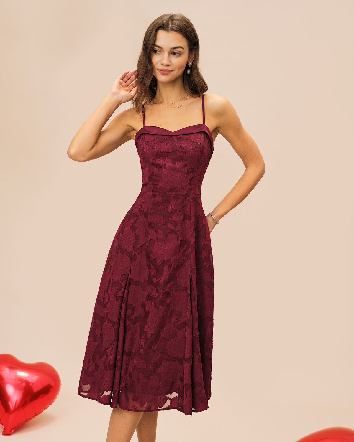 Wine Red Sweetheart Neck Jacquard Slip Midi Dress & Reviews