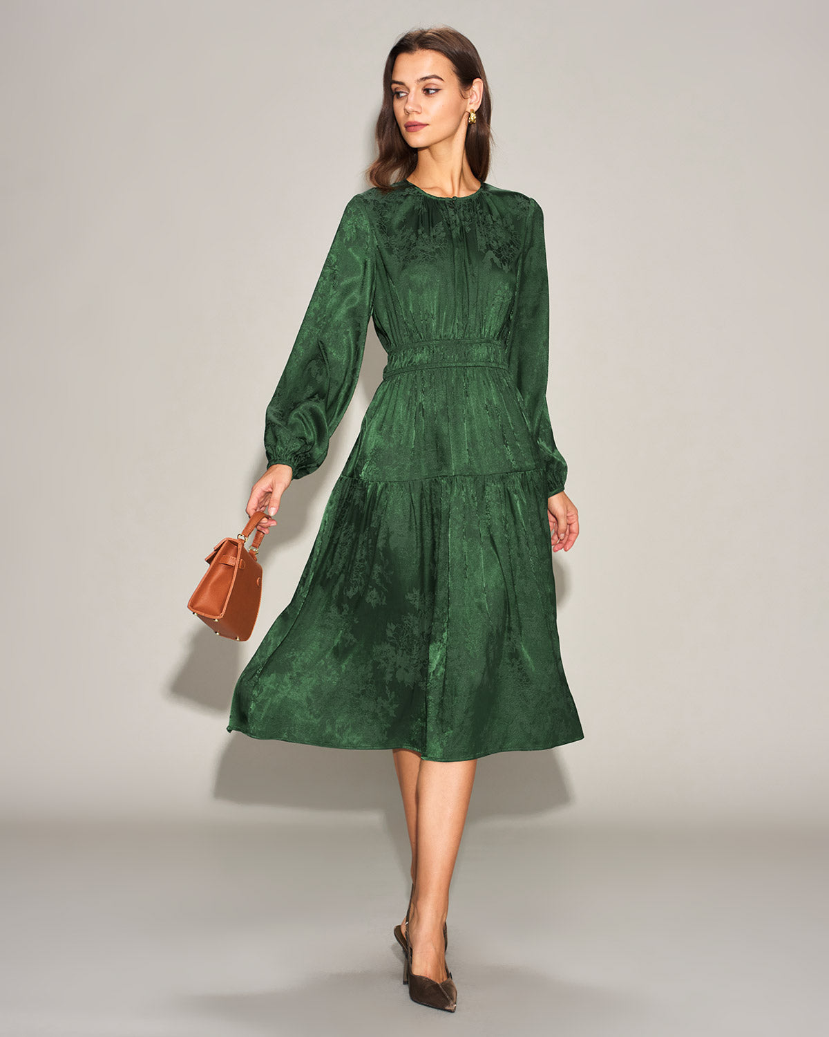 Rihoas Women's Jacquard Lantern Sleeve Midi Dress, Green / XS Rihoas Women's Jacquard Lantern Sleeve Midi Dress, Green / XS