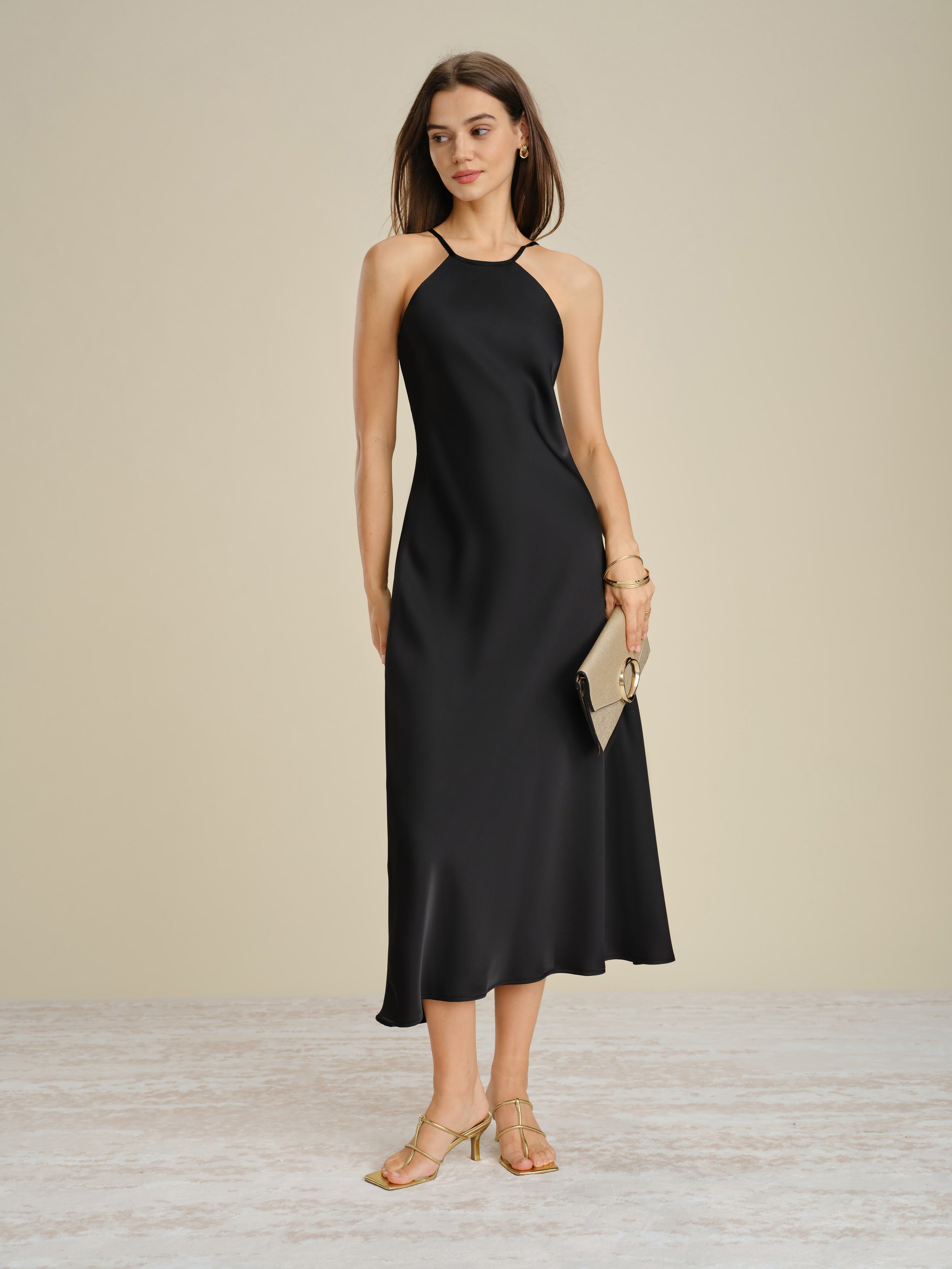 Black Halter Tie Satin Midi Dress & Reviews - Black - Dresses