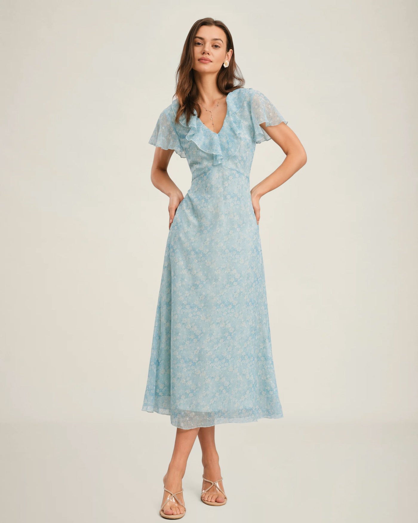 Blue V neck floral ruffle midi dress for romantic vintage-inspired styling