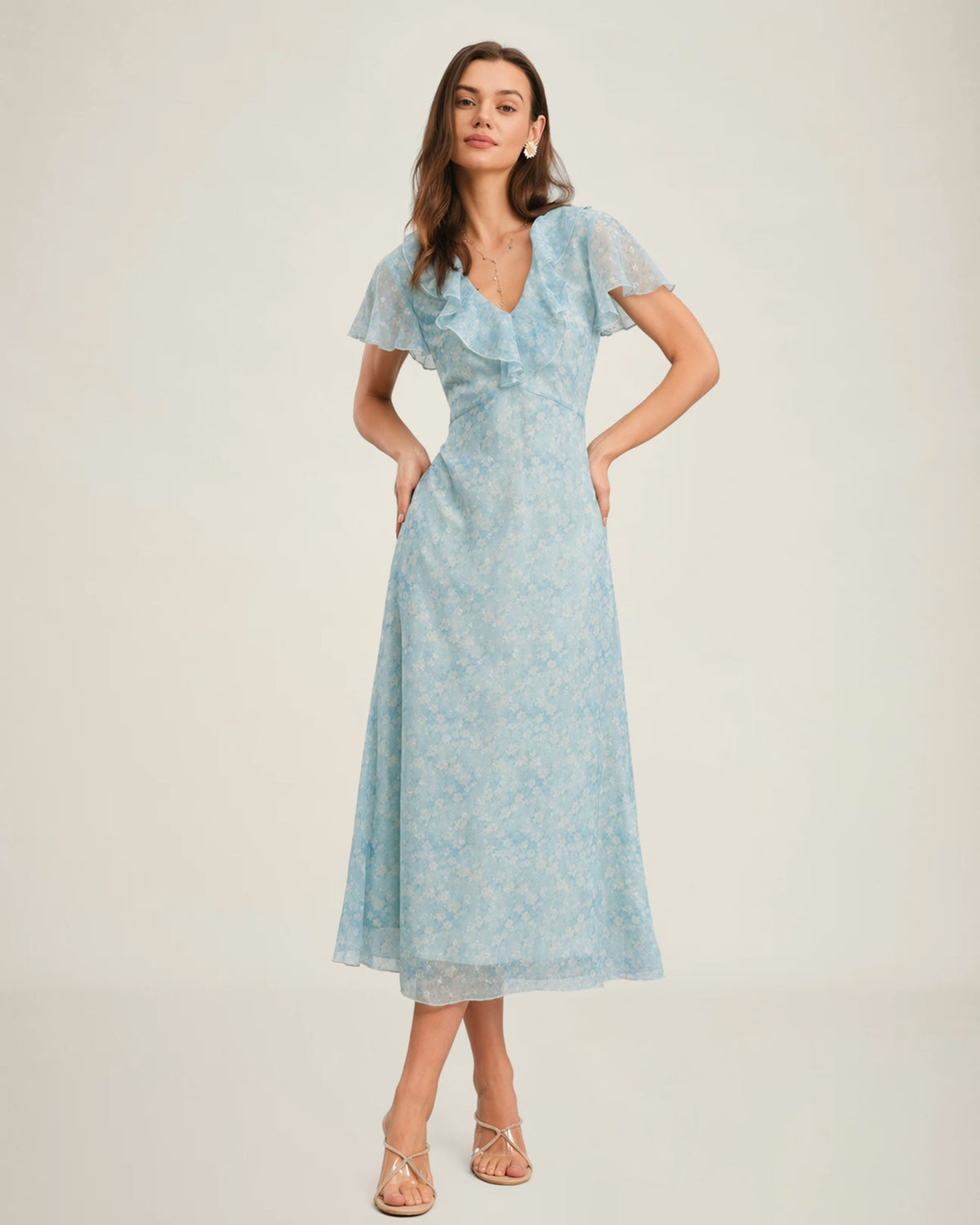 relaxed ruffle midi dress product info and reviews Blue V Neck Floral itp-collectionId-65 white and purple floral Color:sky blue Printed Kaftan Style Kaftan