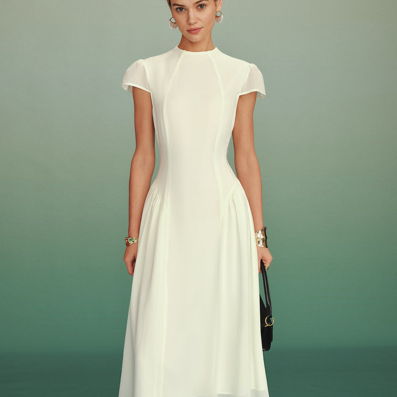 Apricot mock neck A-line midi dress for covered summer cocktail outfits