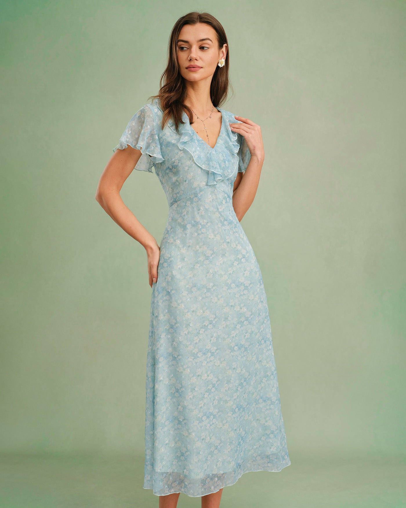 Blue V Neck Floral Ruffle Midi Dress & Reviews - Blue - Dresses | RIHOAS