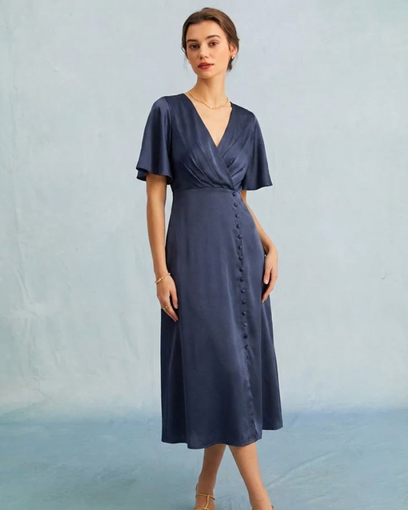 v neck satin midi dress Women's Hadid A-line V-Neck Silk Satin Midi Dress S/M/L Red MEAN BLVD Customize / Red