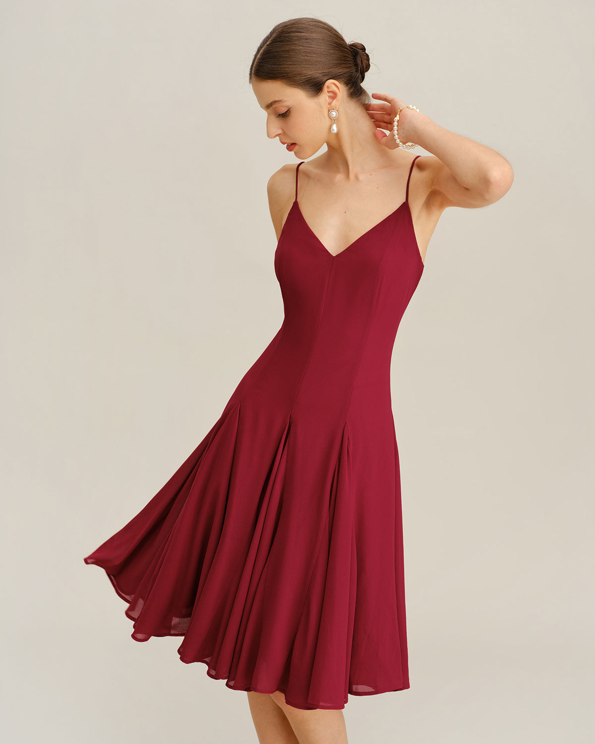 Rihoas Chiffon V Neck Spaghetti Strap Midi Dress | Flowy A-Line Gown for Wedding Guest, Formal Party, Cocktail, Red / S Rihoas Chiffon V Neck Spaghetti Strap Midi Dress | Flowy A-Line Gown for Wedding Guest, Formal Party, Cocktail, Red / S