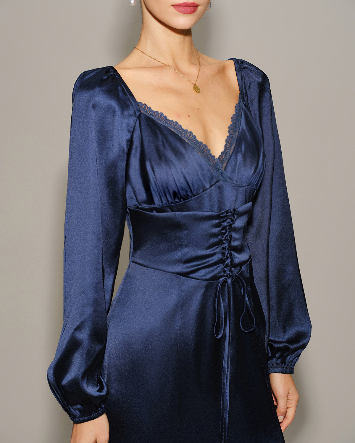 Navy Satin V Neck Ruched Midi Dress & Reviews - Navy - Dresses | RIHOAS Navy Satin V Neck Ruched Midi Dress & Reviews - Navy - Dresses | RIHOAS