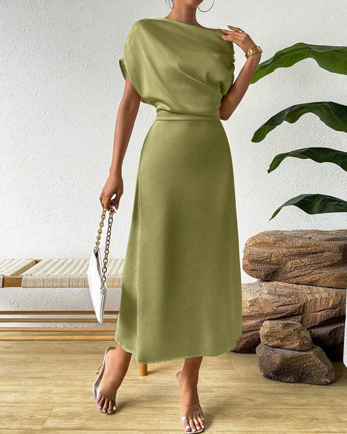 Women's Woven Polyester Midi Dress Dresses - RIHOAS