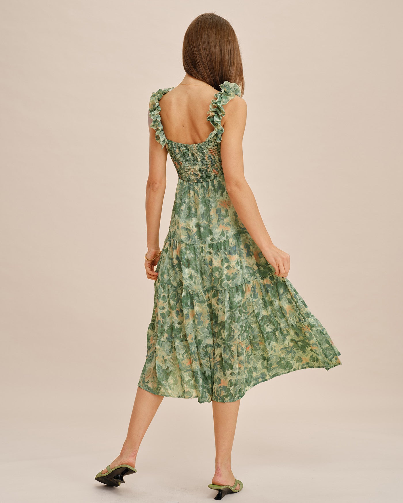 Rihoas Frill Strap Floral Midi Dress | Tiered Keyhole Tie Slip for Wedding Guest, Garden Party, Summer Vacation, Green / US|2 Rihoas Frill Strap Floral Midi Dress | Tiered Keyhole Tie Slip for Wedding Guest, Garden Party, Summer Vacation, Green / US|2