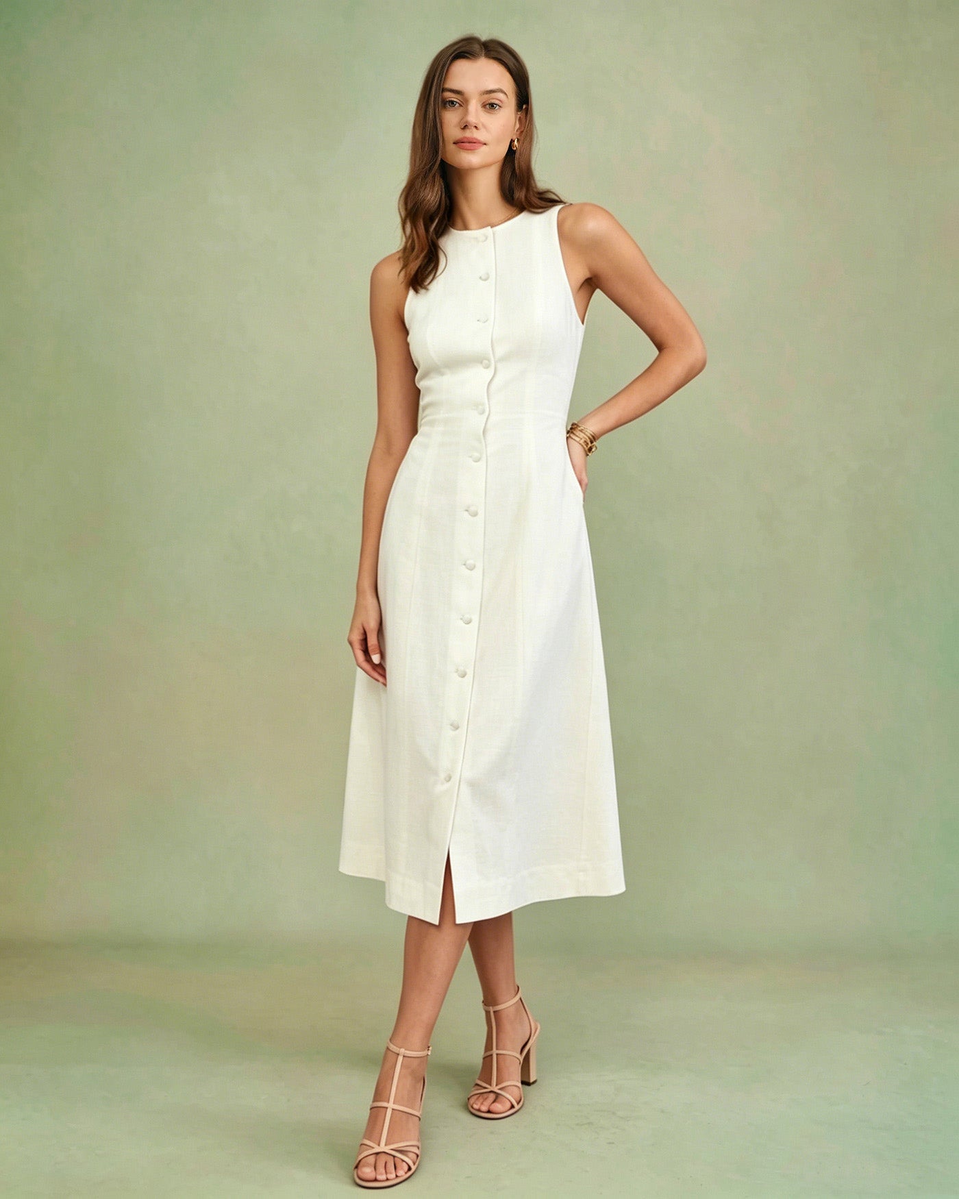 white midi dress buttons White Button Tie Tunic Midi Dress