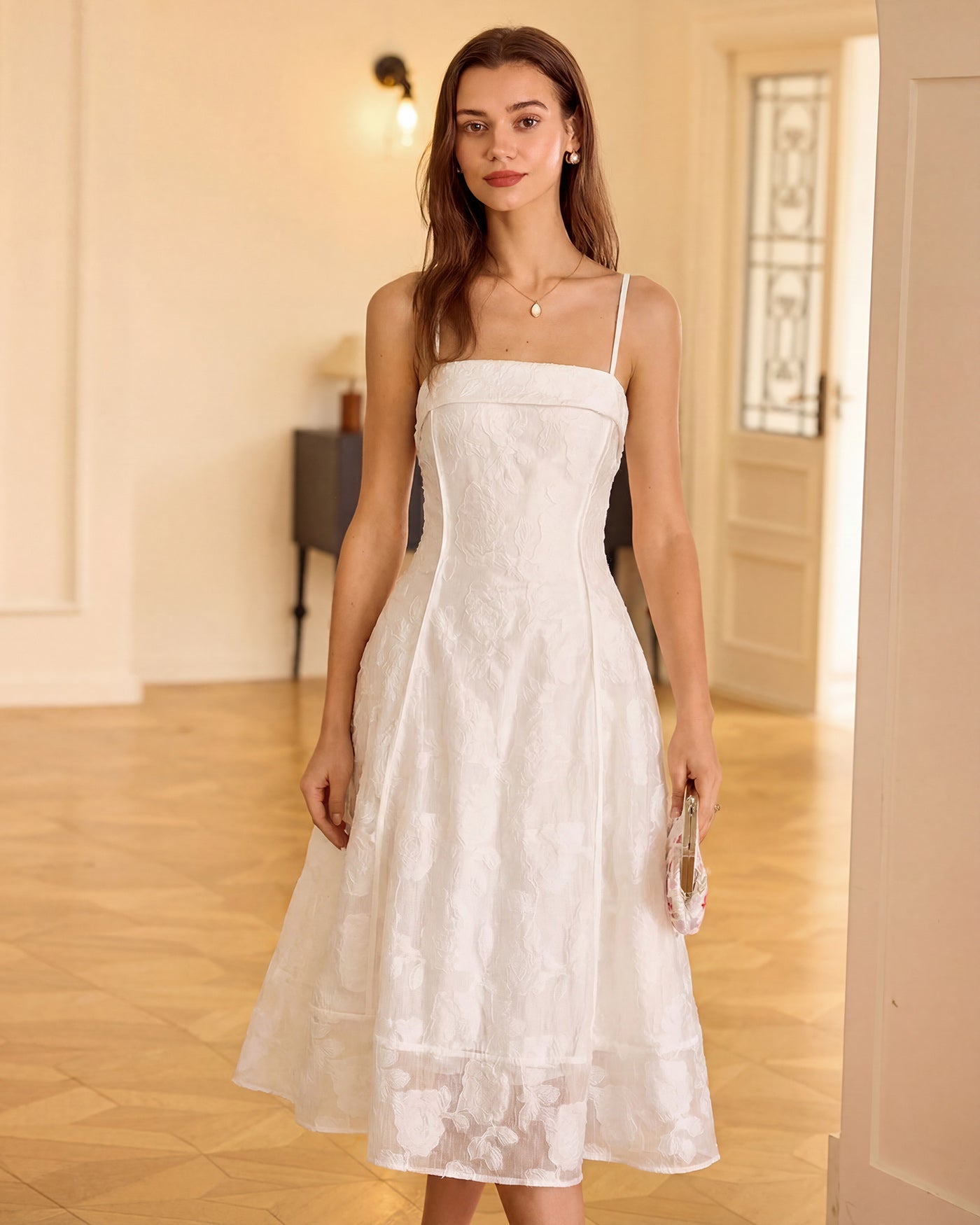 White Square Neck Jacquard Slip Midi Dress