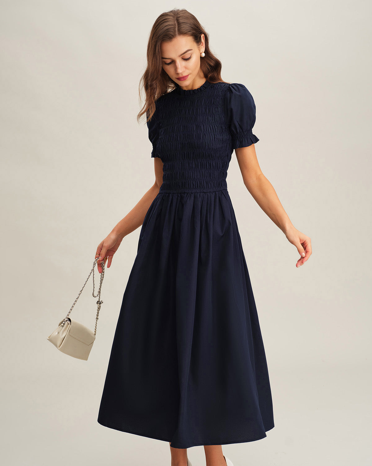 Rihoas Vintage Navy Cotton Dress High Neck Smocked Waist for Casual Daily Wear, Church, Blue / XL