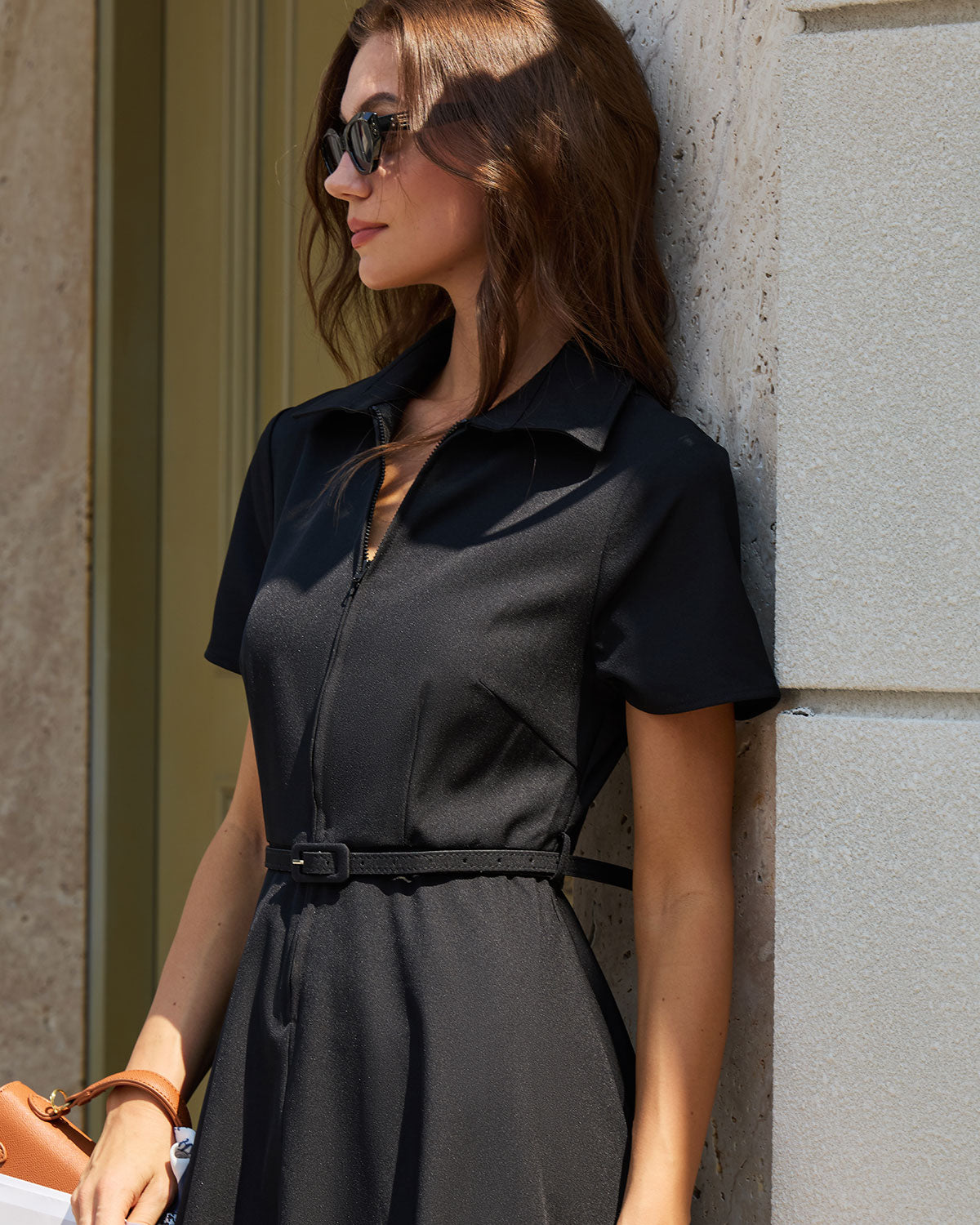 Black A-Line Belted Midi Dress & Reviews - Black - Dresses | RIHOAS Black A-Line Belted Midi Dress & Reviews - Black - Dresses | RIHOAS