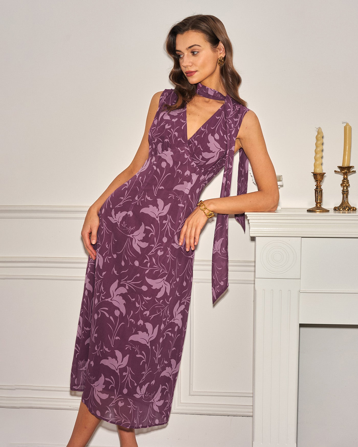 Purple V Neck Floral Chiffon Midi Dress & Reviews - Purple - Dresses Purple V Neck Floral Chiffon Midi Dress & Reviews - Purple - Dresses