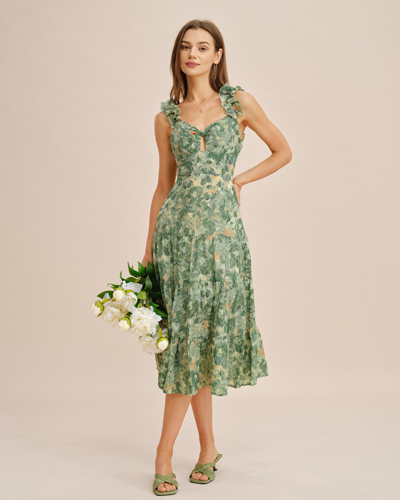 Rihoas Frill Strap Floral Midi Dress | Tiered Keyhole Tie Slip for Wedding Guest, Garden Party, Summer Vacation, Green / US|2 Rihoas Frill Strap Floral Midi Dress | Tiered Keyhole Tie Slip for Wedding Guest, Garden Party, Summer Vacation, Green / US|2