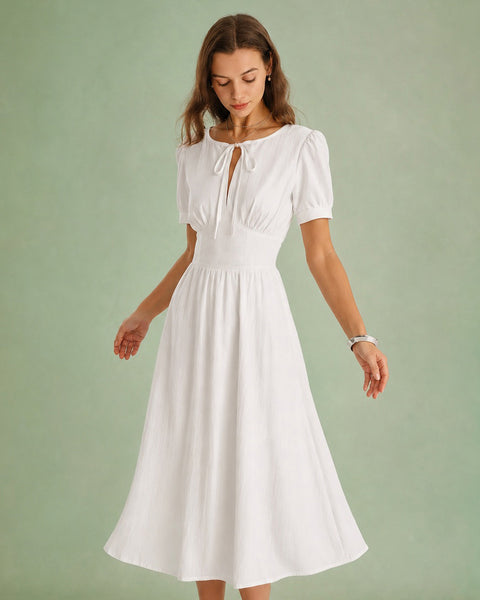white midi dress with sleeves Petal and Pup Women's Annette Puff Sleeve Shirred The twirl White V-Neck Long Sleeve Fit