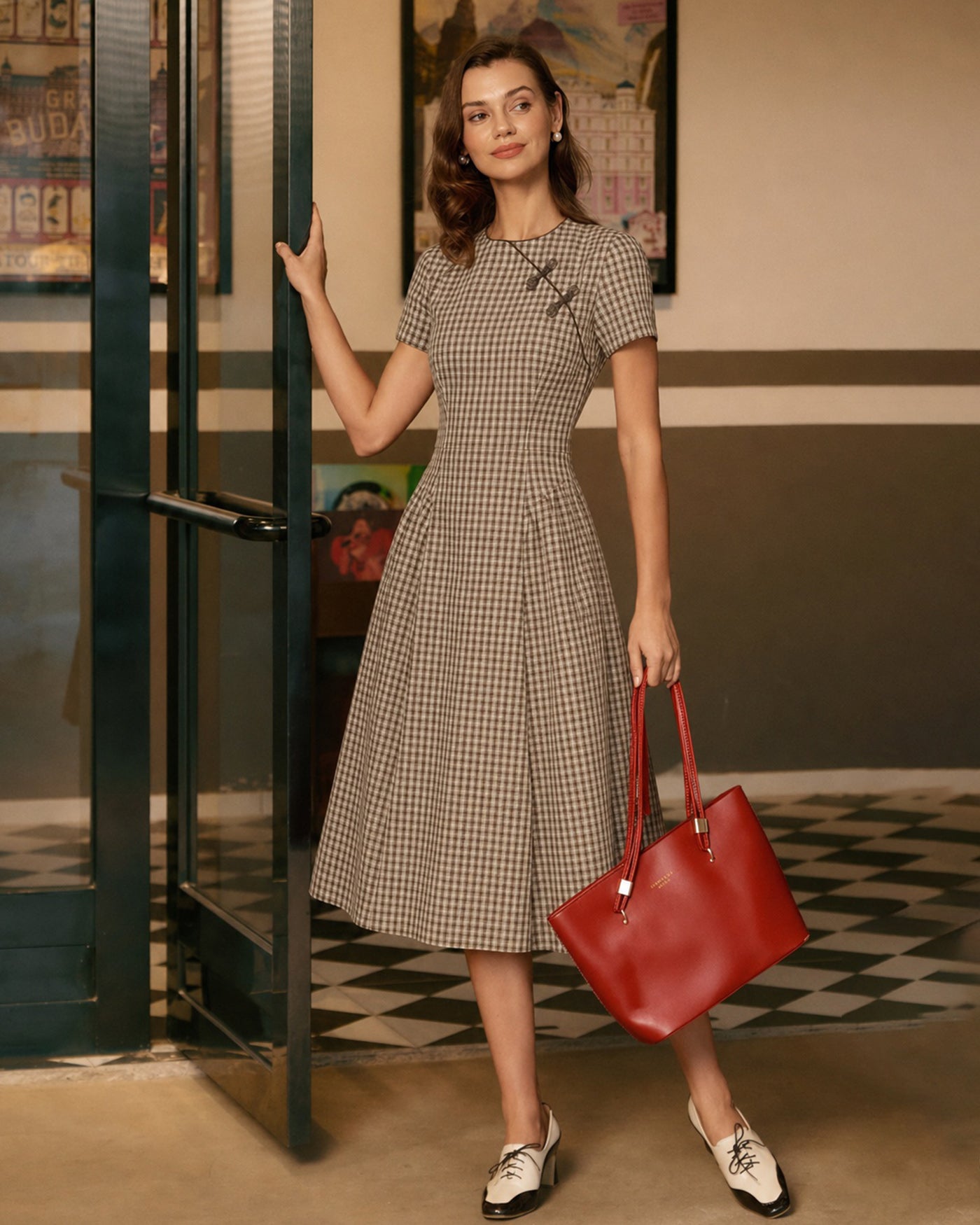 Brown Plaid Round Neck Midi Dress