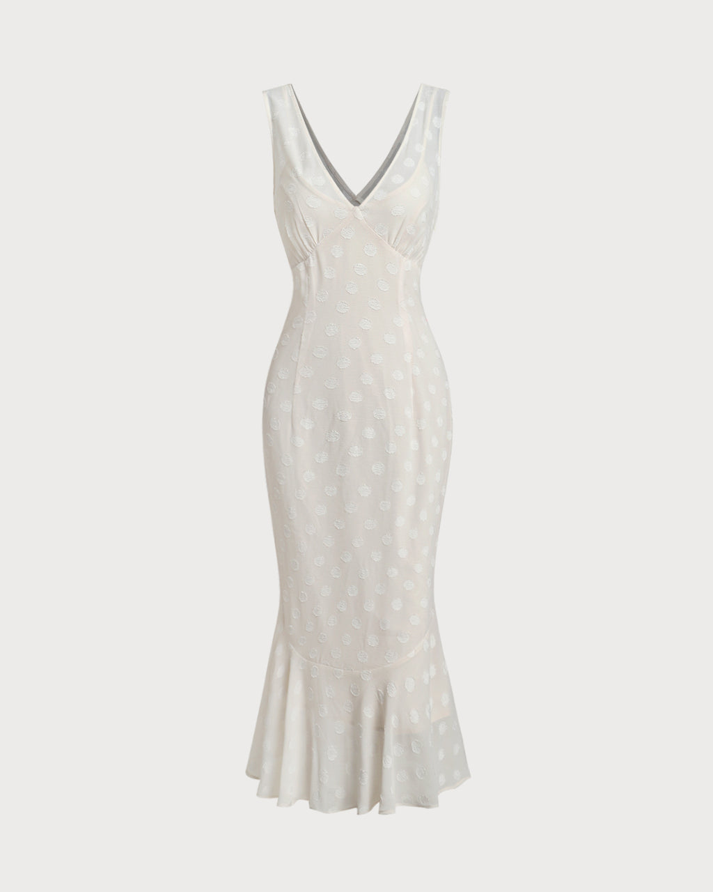 Beige Polka Dot V-Neck Midi Dress