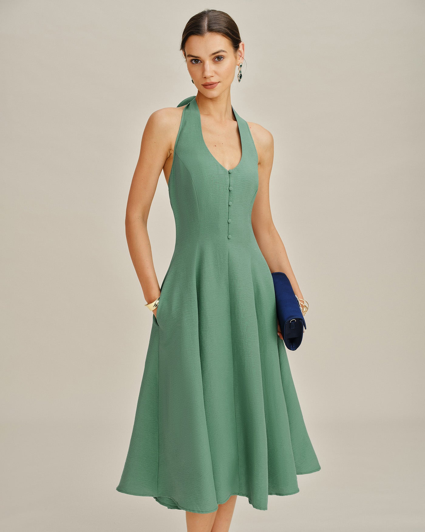 Rihoas Halter Button Front Midi Dress with Pockets | Backless Tie A-Line forWedding Guest, Vacation, Garden Party, Green / XL Rihoas Halter Button Front Midi Dress with Pockets | Backless Tie A-Line forWedding Guest, Vacation, Garden Party, Green / XL