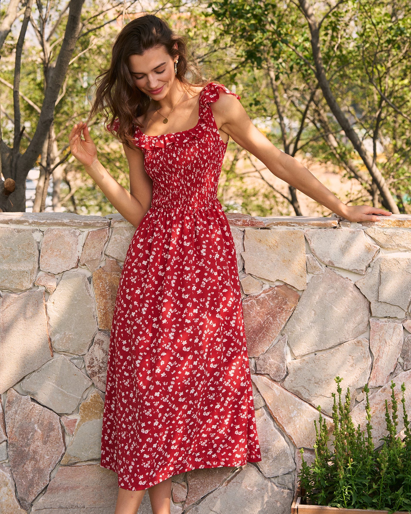 Rihoas Square Neck Floral Midi Dress for women, Red / XL