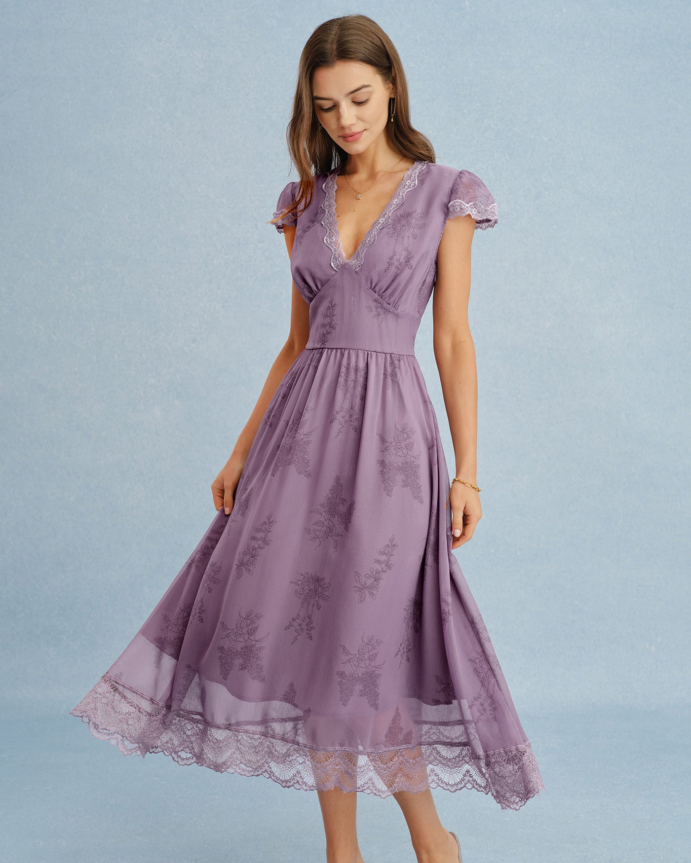 Rihoas Vintage Floral Lace Midi Dress with Short Sleeve