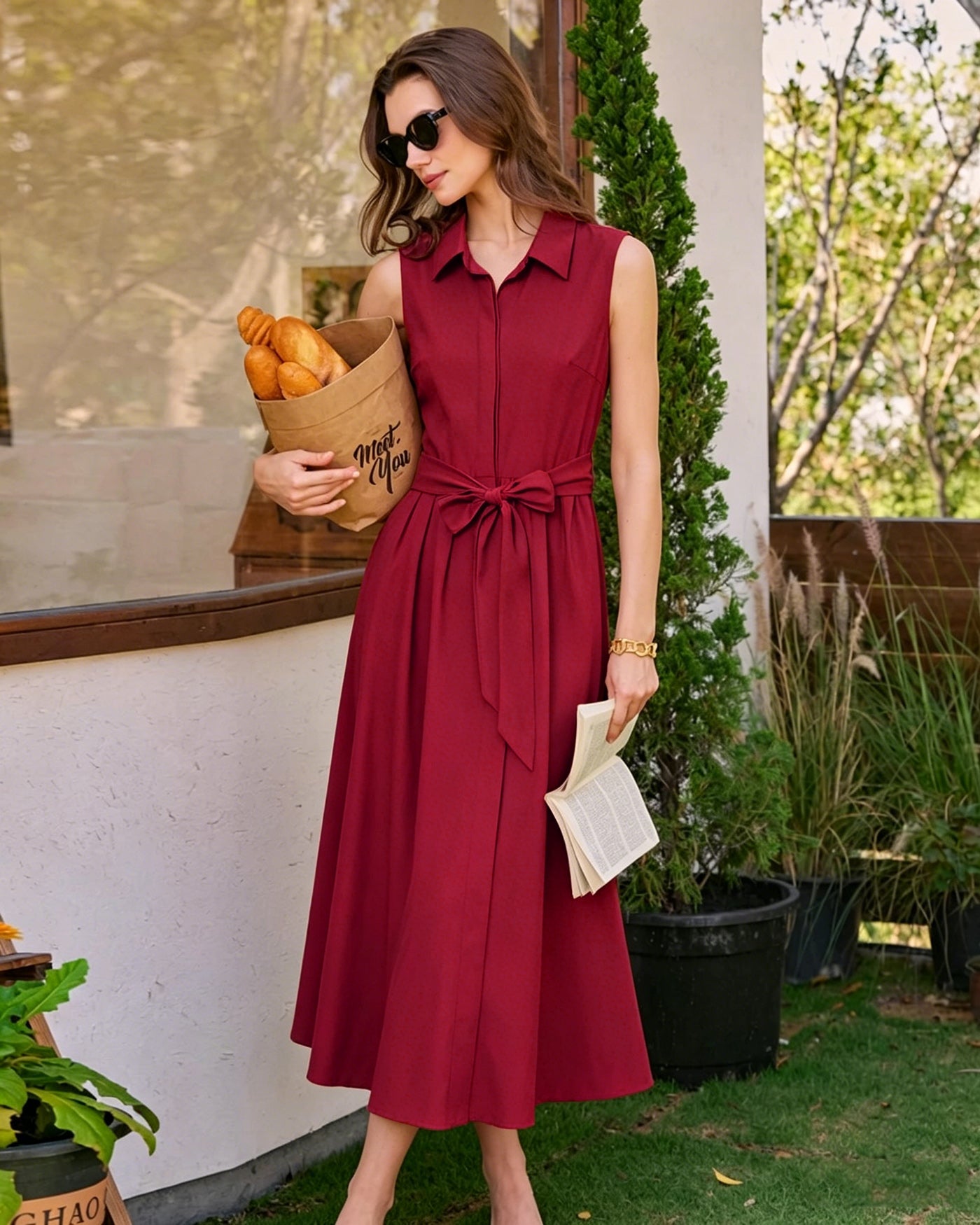 Rihoas Collar Belt Button Midi Dress for women, Red / US|8 Rihoas Collar Belt Button Midi Dress for women, Red / US|8