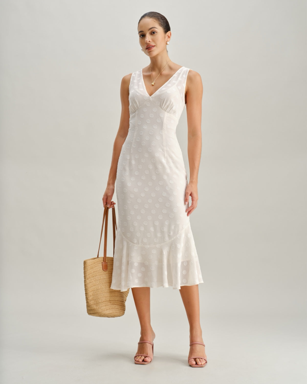 Beige Polka Dot V-Neck Midi Dress