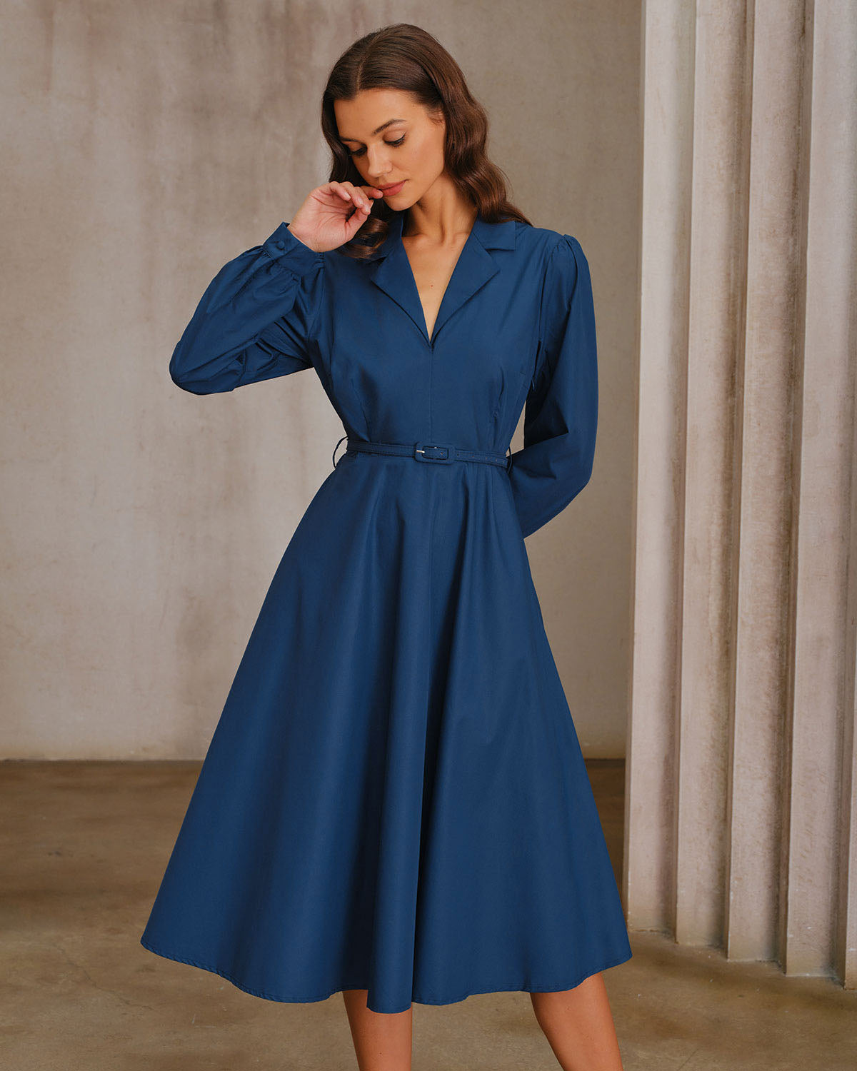 Blue V-Neck Belt Midi Dress