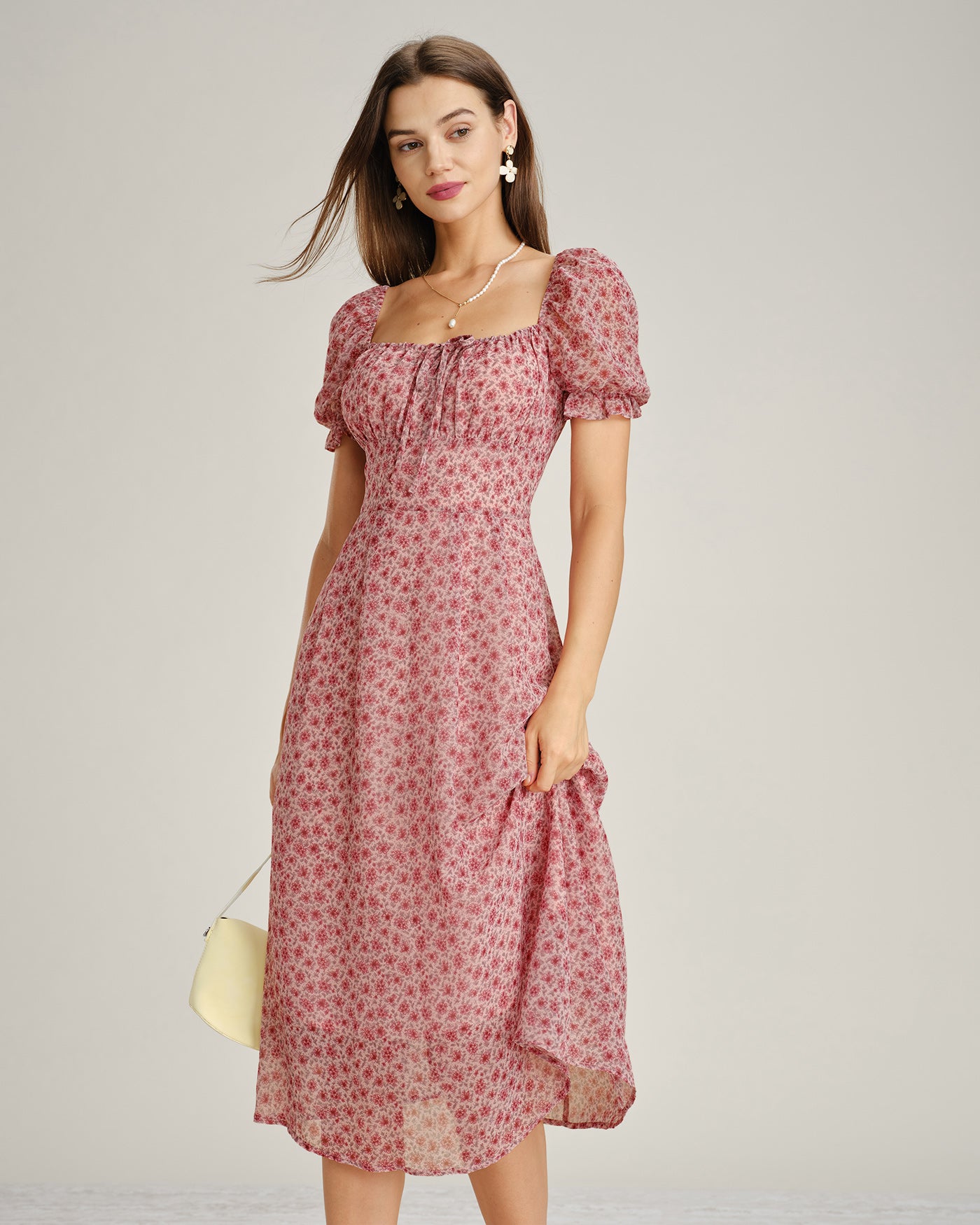 Rihoas Square Neck Puff Sleeve Ditsy Floral Ruched Tie Front Flare A Line Midi Dress, Pink / M