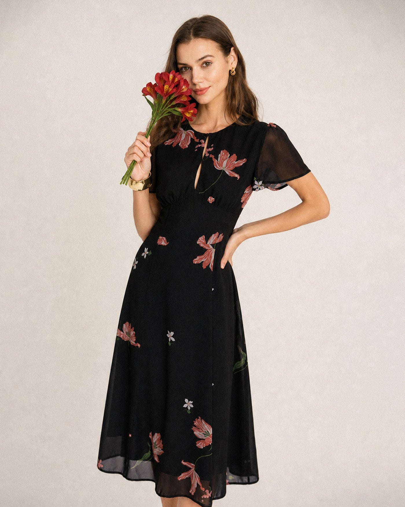 longsleeve black dress Black Floral Maxi Dress Elastic Waist Sheer Sleeves – vvcloth main image 1