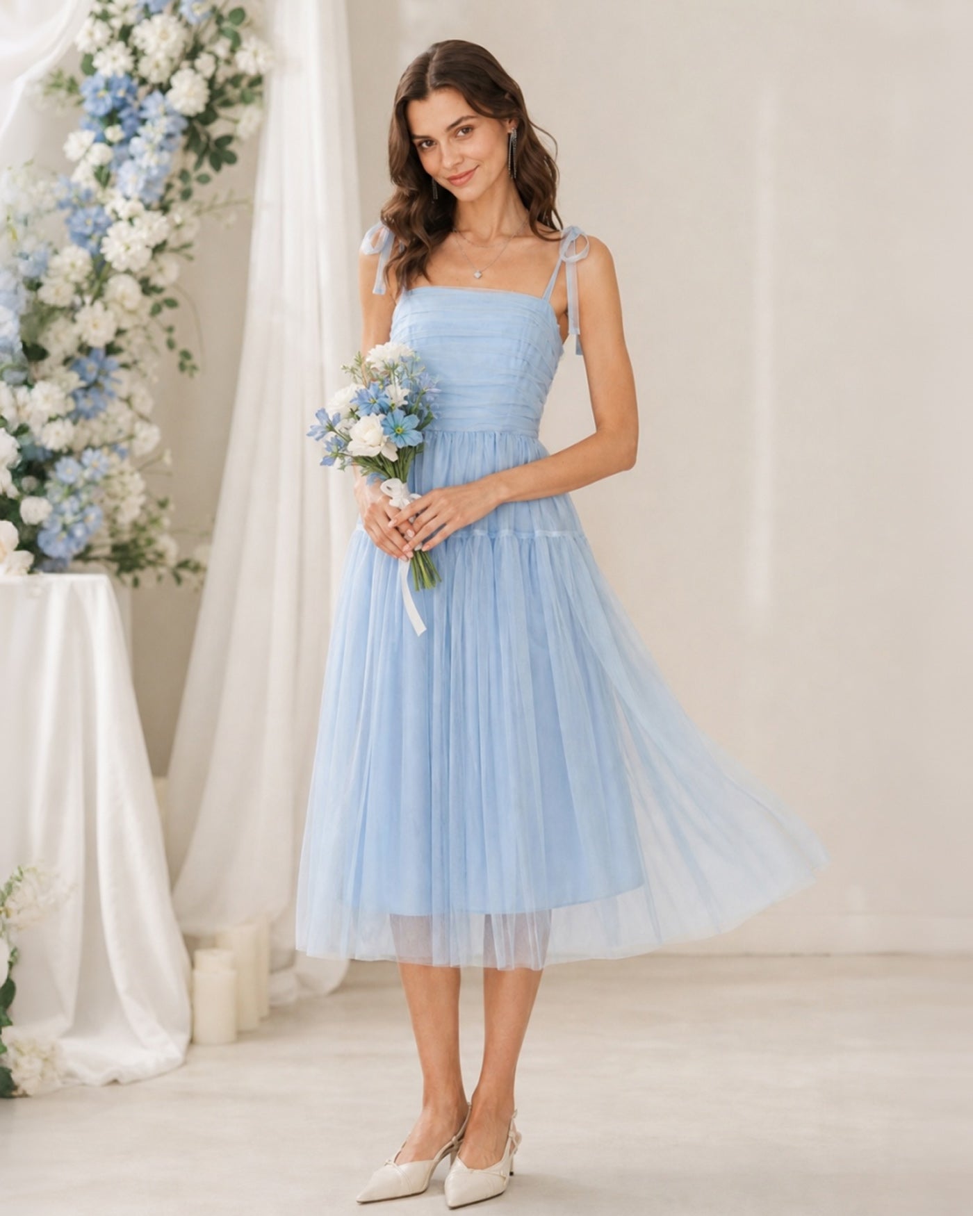 Blue Square Neck Mesh Slip Midi Dress