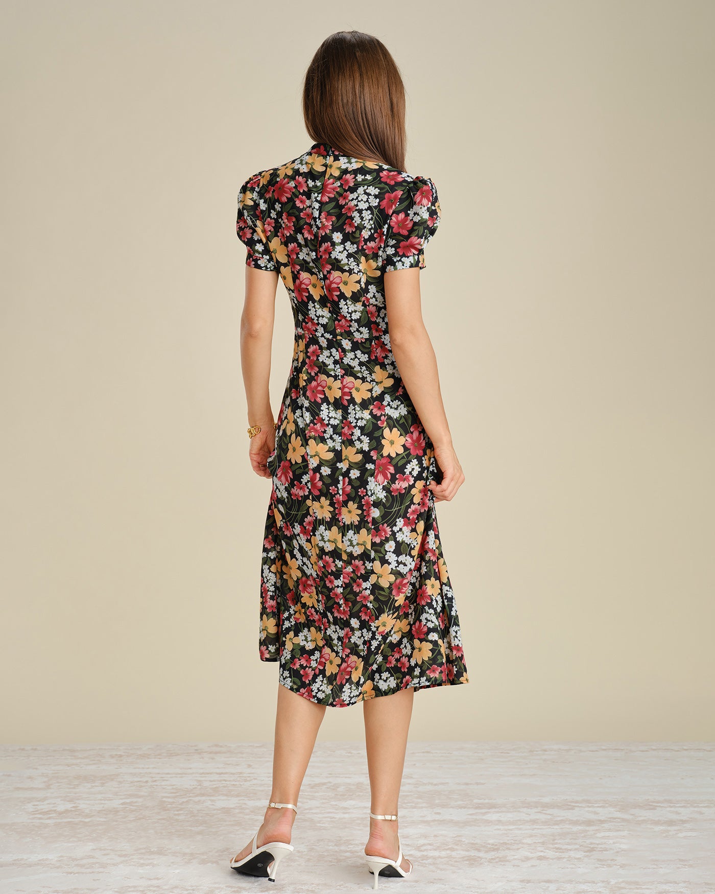 dark floral midi dress Black Turtle Puffed Sleeve Floral Midi Dress & Reviews - Black - Dresses