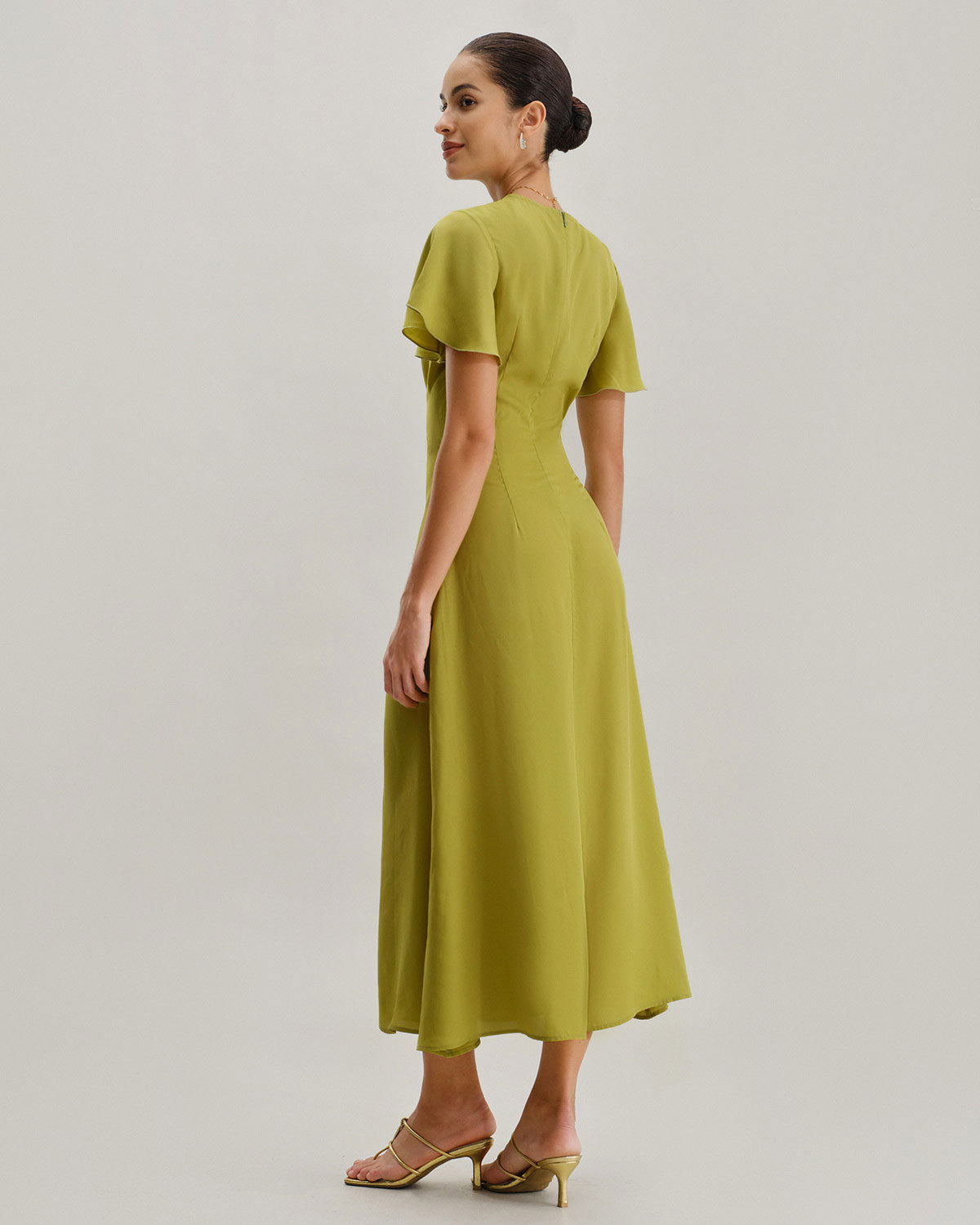 Green V Neck Ruffle Sleeve Midi Dress