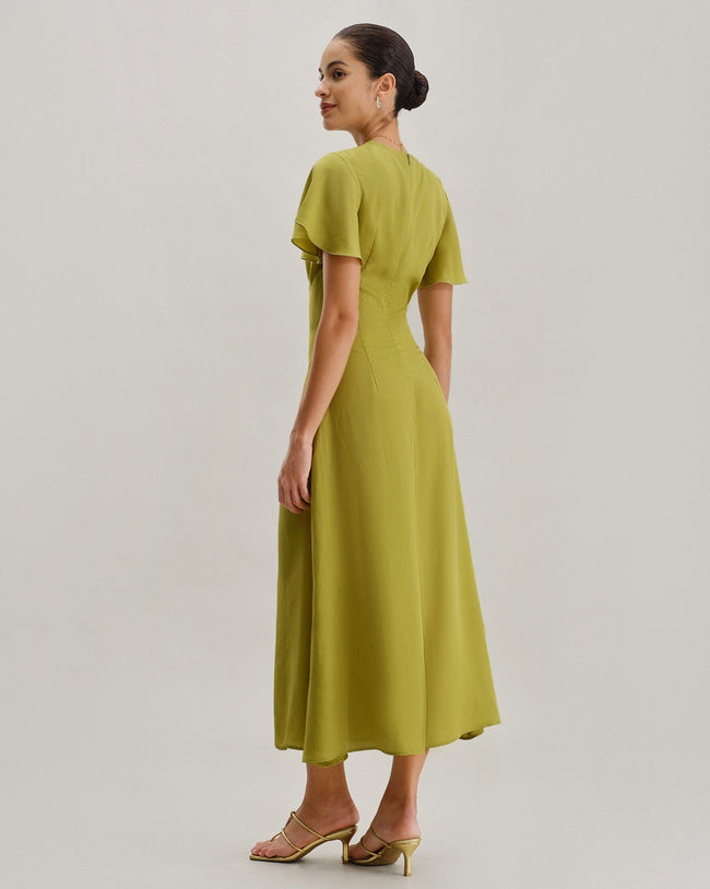 Green V Neck Ruffle Sleeve Midi Dress
