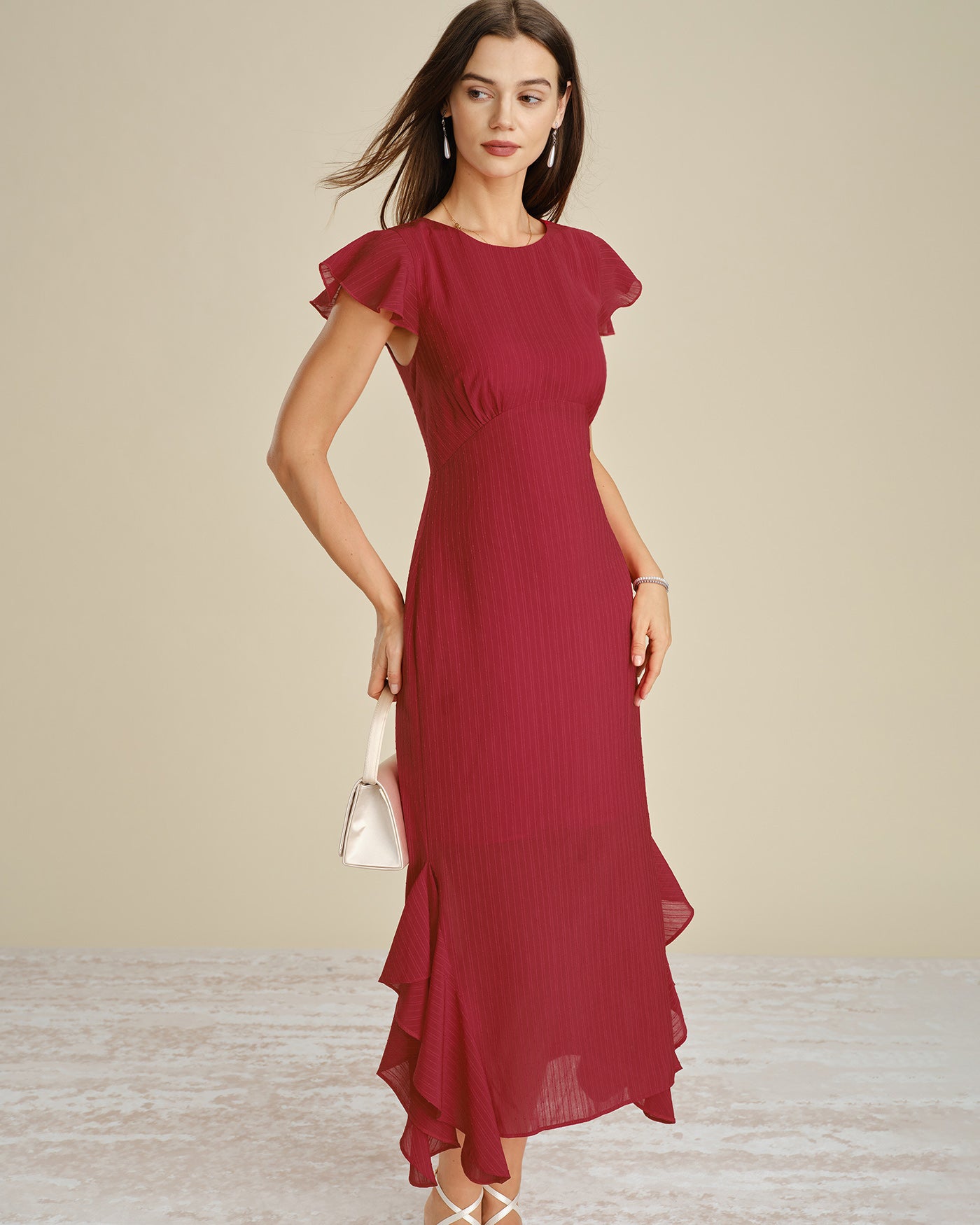 Red Solid Boat Neck Ruffle Midi Dress & Reviews - Red - Dresses
