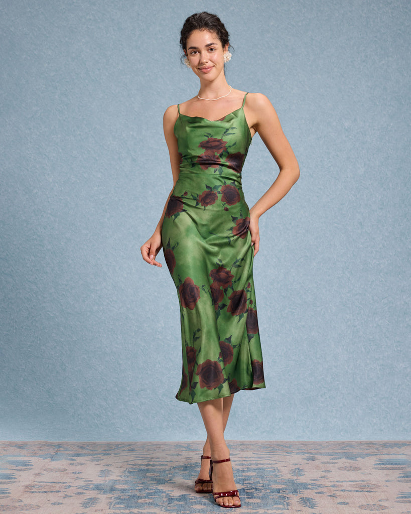 Women's Woven Polyester Midi Dress Green Dresses - RIHOAS