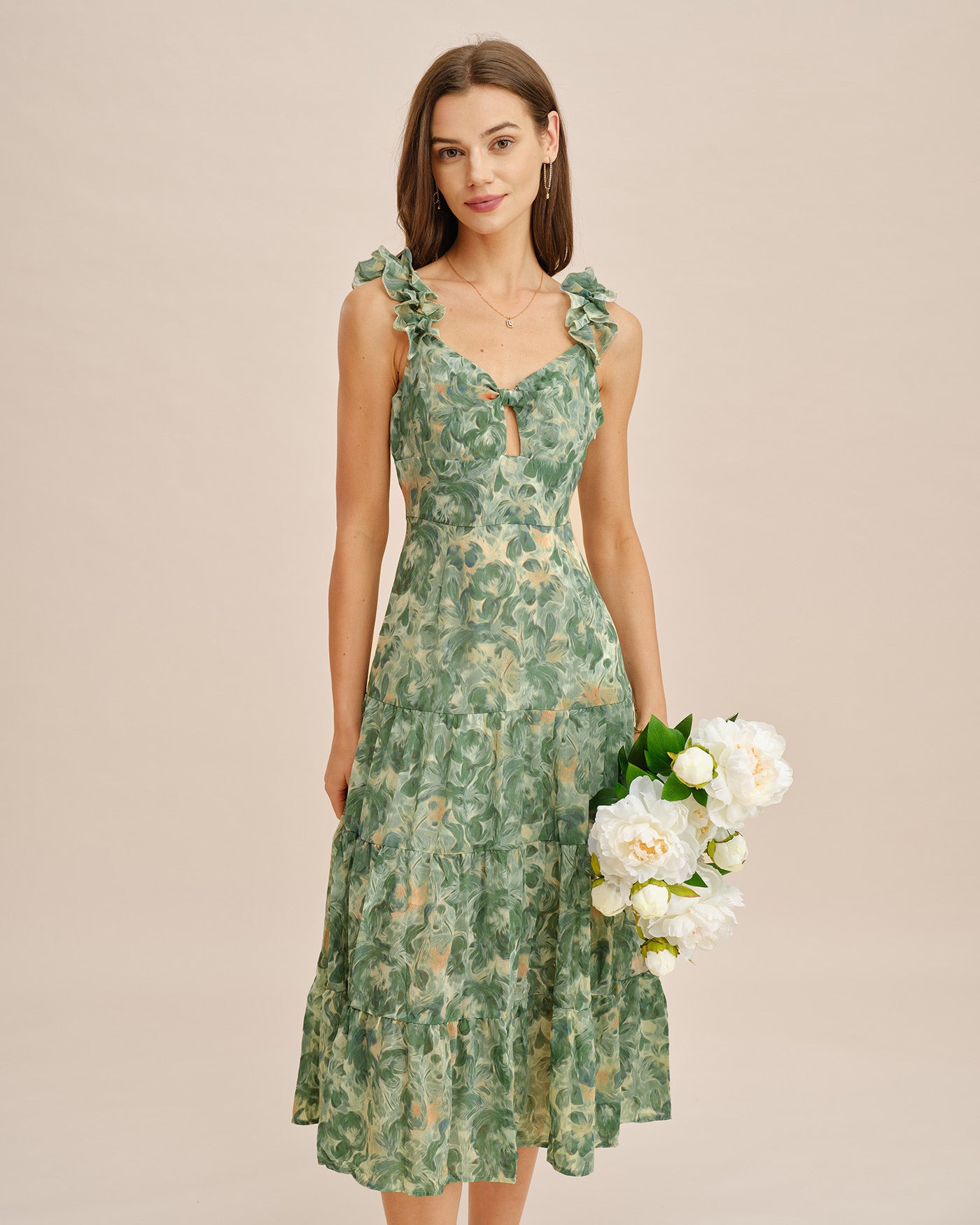 Rihoas Frill Strap Floral Midi Dress | Tiered Keyhole Tie Slip for Wedding Guest, Garden Party, Summer Vacation, Green / US|2 Rihoas Frill Strap Floral Midi Dress | Tiered Keyhole Tie Slip for Wedding Guest, Garden Party, Summer Vacation, Green / US|2