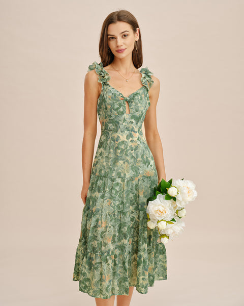 Rihoas Frill Strap Floral Midi Dress | Tiered Keyhole Tie Slip for Wedding Guest, Garden Party, Summer Vacation, Green / US|2 Rihoas Frill Strap Floral Midi Dress | Tiered Keyhole Tie Slip for Wedding Guest, Garden Party, Summer Vacation, Green / US|2