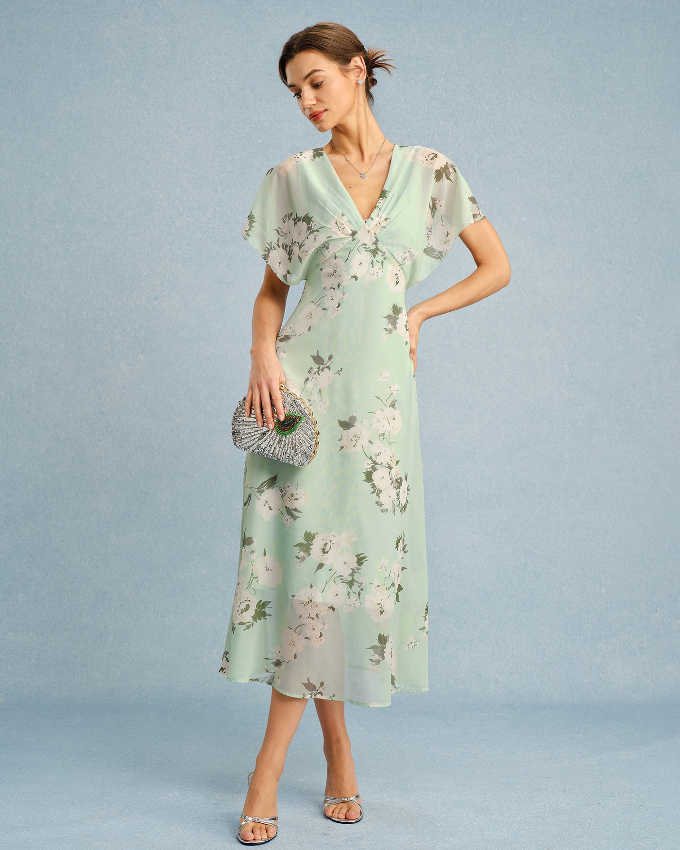 Green V Neck Floral Chiffon Midi Dress & Reviews - Green - Dresses | RIHOAS Green V Neck Floral Chiffon Midi Dress & Reviews - Green - Dresses | RIHOAS