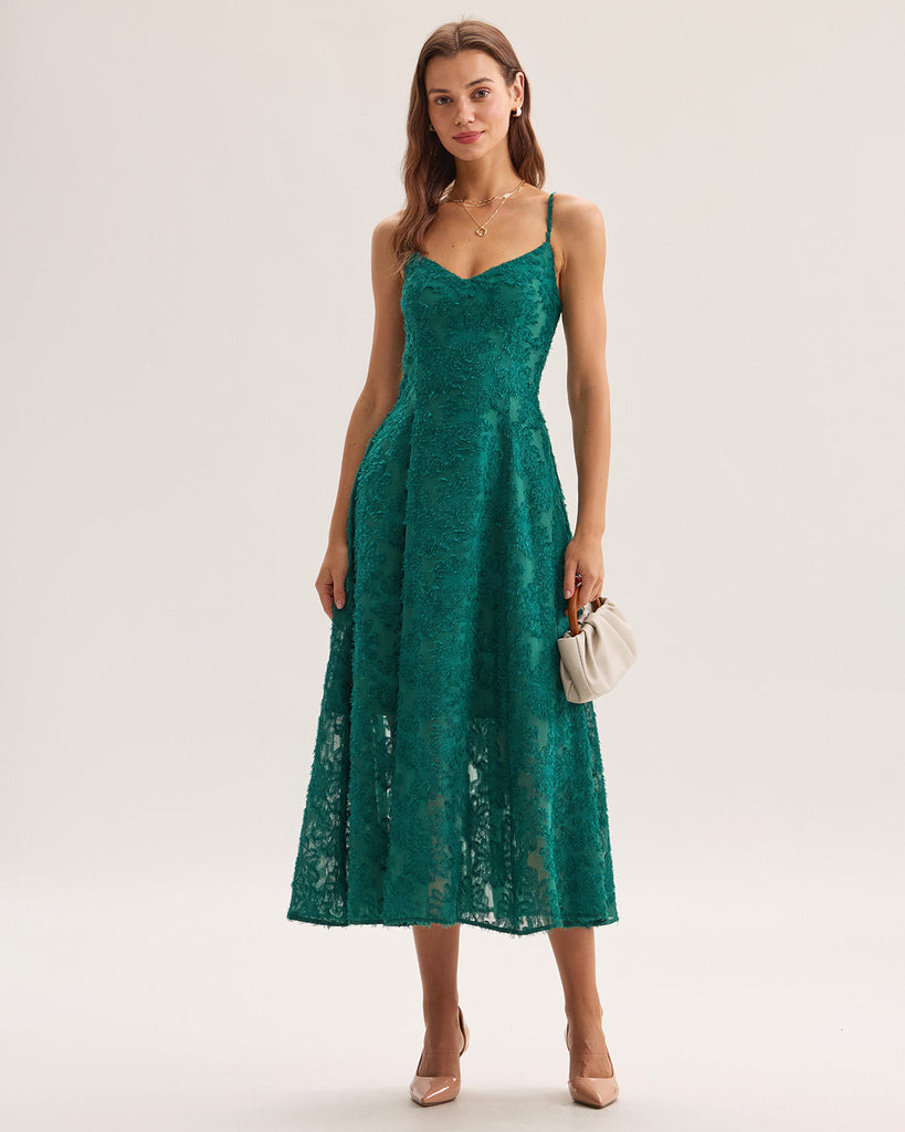 Women's Woven Polyester Midi Dress Green Dresses - RIHOAS
