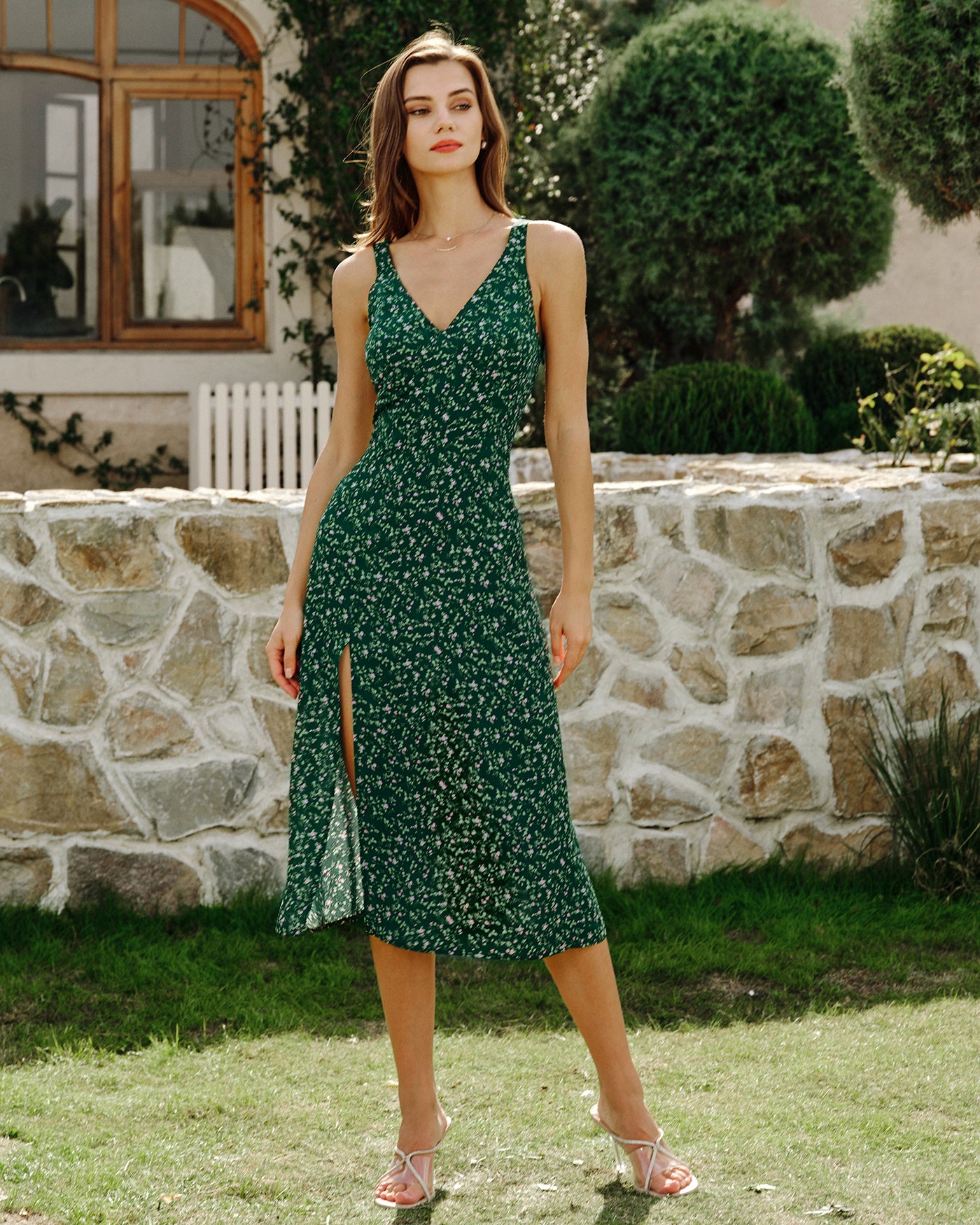 Green V Neck Floral Midi Dress Green V Neck Floral Midi Dress