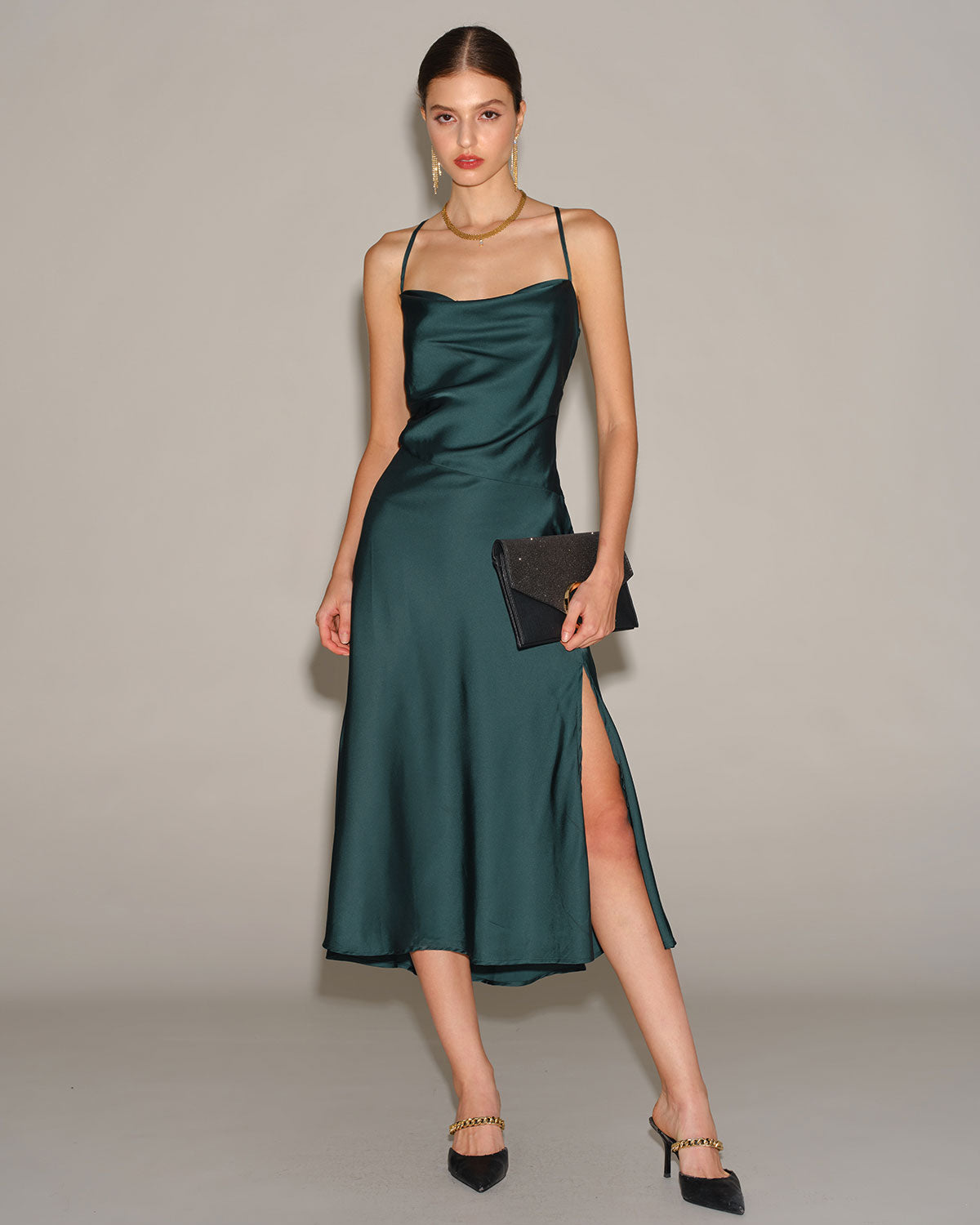 Women's Woven Polyester Midi Dress Green Dresses - RIHOAS