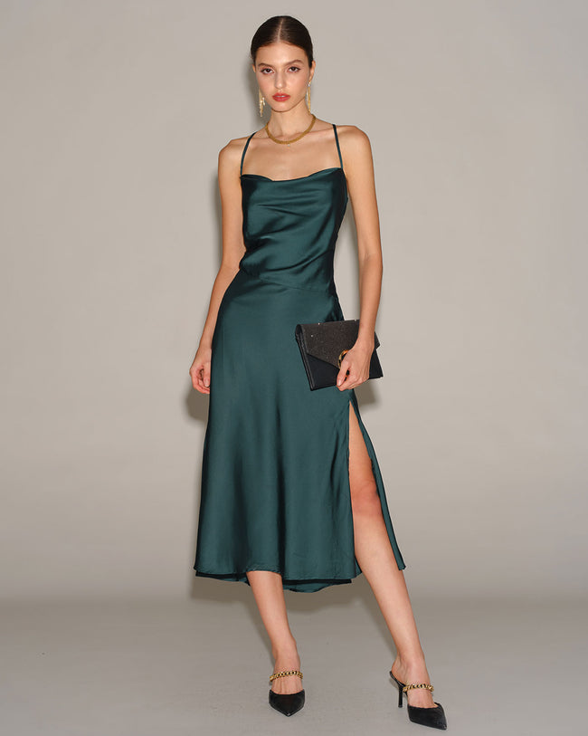 Women's Woven Polyester Midi Dress Green Dresses - RIHOAS