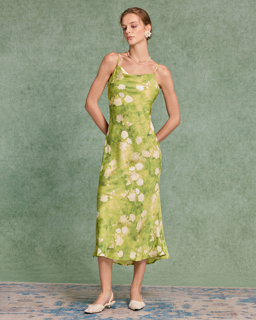 Women's Woven Polyester Midi Dress Green Dresses - RIHOAS