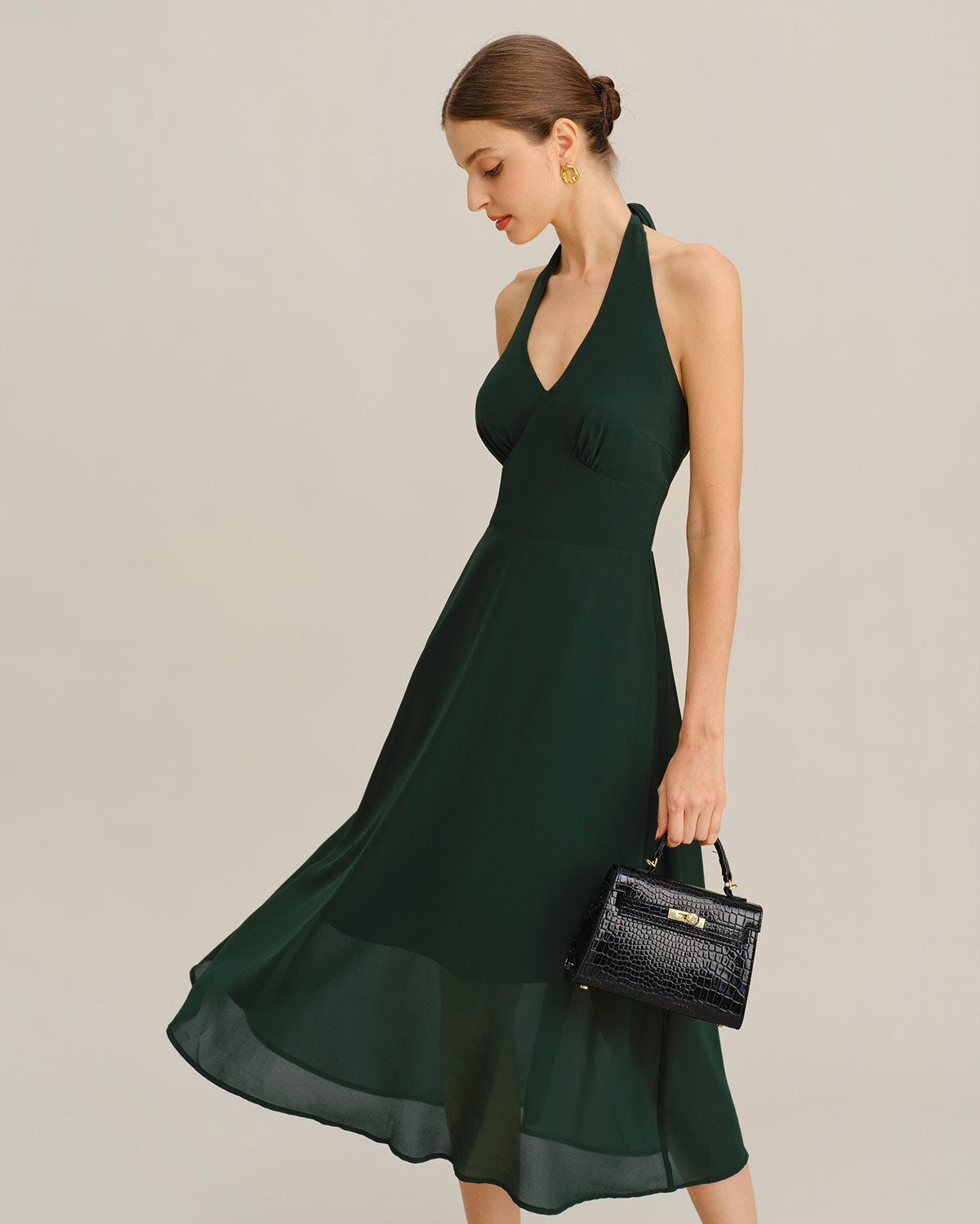 Women's Woven Polyester Midi Dress Green Dresses - RIHOAS