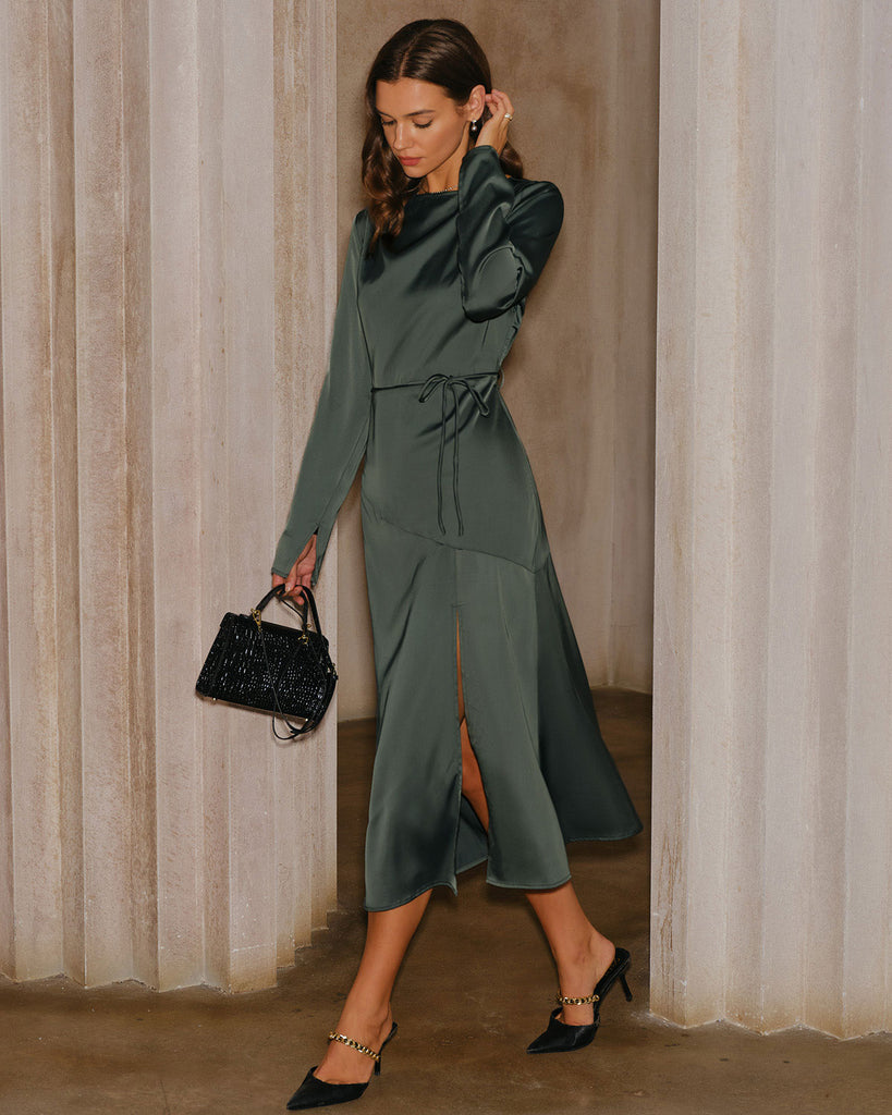 Women's Woven Polyester Midi Dress Green Dresses - RIHOAS
