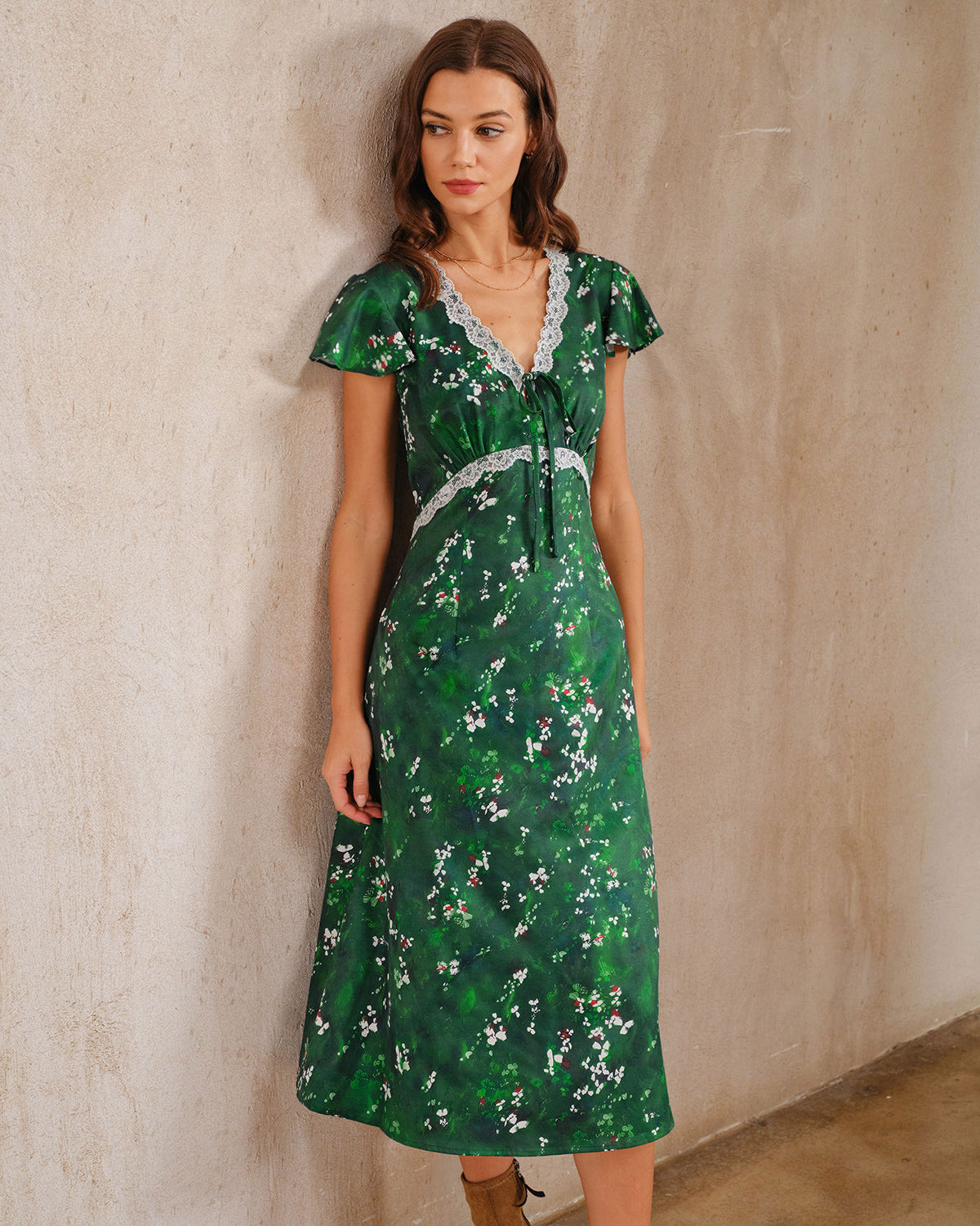 Women's Woven Polyester Midi Dress Green Dresses - RIHOAS