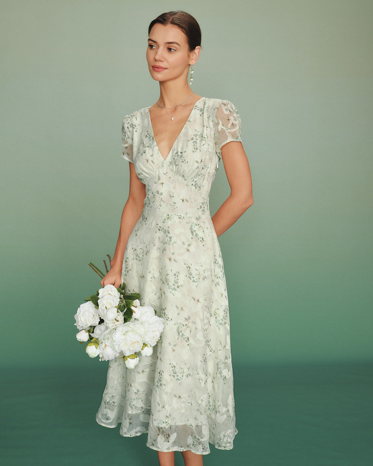 rihoas green dress Puffed Sleeve Floral Tunic Midi Pattern Style?? Cute Green Dress - PS26Launch_Drop1 Color:Red/ beige