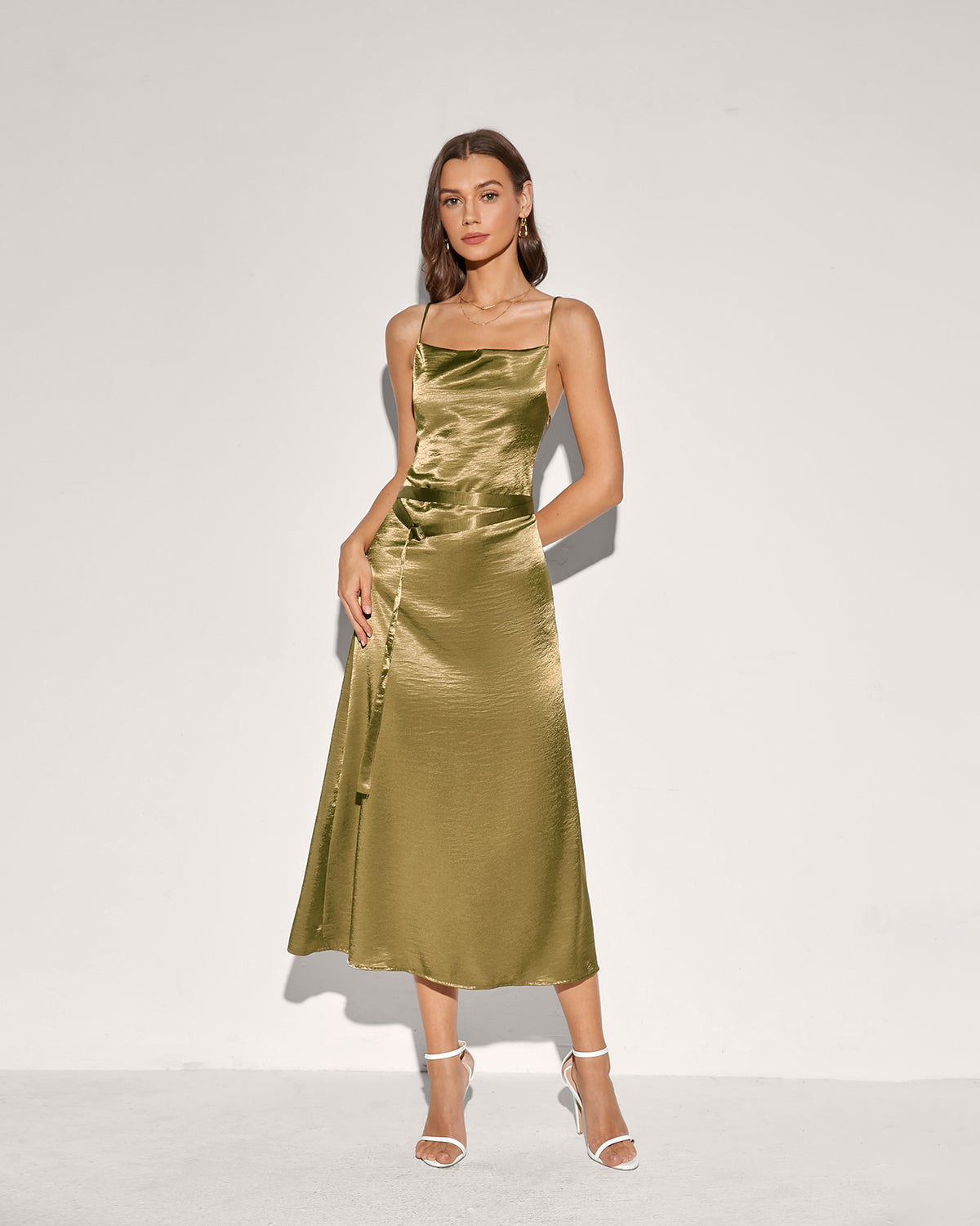 Women's Woven Polyester Midi Dress Green Dresses - RIHOAS