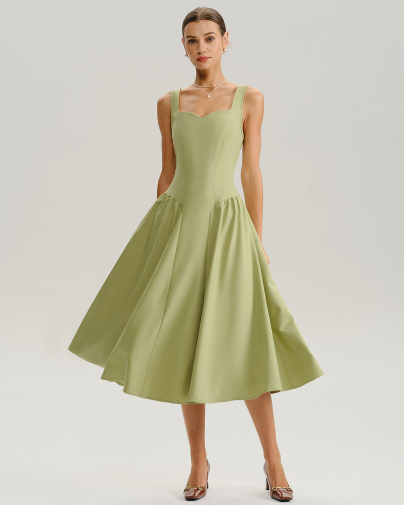Women's Woven Polyester Midi Dress Green Dresses - RIHOAS